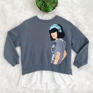 Zara Kids Girls Gray Graphic Sequins Layered Sweater Size 8